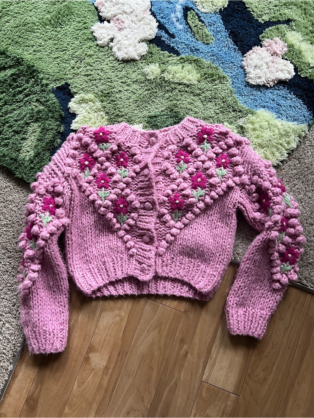 Women's Pink Hand-Knit Floral Cardigan Sweater